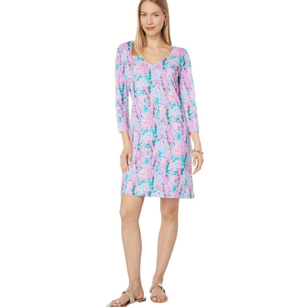 Lilly Pulitzer Women's 3/4 Sleeve Tessa V-neck Dress Multi Seaweed Samba Medium